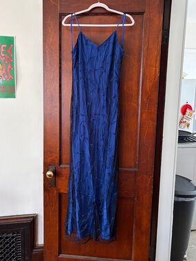 Vintage Blue Beaded Sheath Satin Floor Length Dress - Cassandra Stone